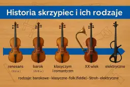 Ewolucja wszystkich instrumentów smyczkowych: od renesansu po elektryczne. Widoczne skrzypce, róg, skrzypce barokowe, klasyczne, XX wieku i elektryczne.