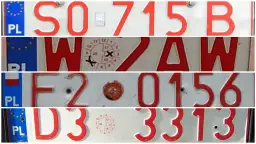 Polskie tablice rejestracyjne, w tym tymczasowe tablice rejestracyjne a OC. Widoczne numery: SO-715B, WZAW, F2-0156, D3-3313.