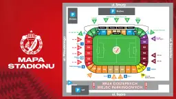 Mapa stadionu Widzew Łódź. Widok z lotu ptaka na boisko, trybuny z sektorami A, B, C, D, punkty informacyjne, kasy, depozyt i parkingi.
