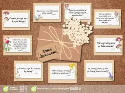 Karty z cytatami o dobroci i życzliwości, ozdobione kwiatami. "Człowiek jest tyle wart, ile czyni dobrego".