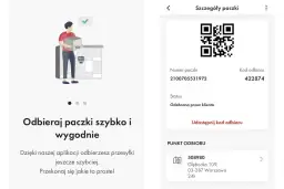 Ilustracja przedstawia mężczyznę odbierającego paczkę z automatu paczkowego oraz ekran aplikacji z kodem QR i szczegółami paczki.