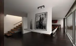 Nowoczesne wnętrze z podświetleniem obrazu pary. Drewniane schody prowadzą na piętro.