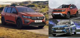 Pomarańczowy Dacia Duster na drodze, obok pomarańczowy Duster i niebieski Sandero Stepway. Dacia Duster prześwit pozwala na jazdę w trudnym terenie.