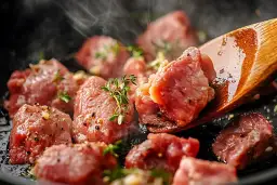 Kiedy solić wołowinę? Kawałki wołowiny smażą się na patelni z ziołami i pieprzem, parując apetycznie. Drewniana łopatka miesza mięso.