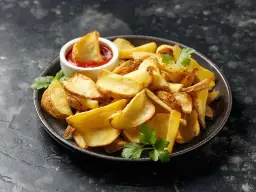 Chrupiące frytki ziemniaczane na talerzu z ketchupem i natką pietruszki.