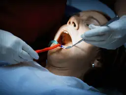 Dentysta bada usta pacjentki, która cierpi na ropień zęba. Widoczne narzędzia stomatologiczne i rozwierak.