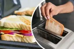 Kanapka z serem i warzywami w opiekaczu obok kromki chleba wkładanej do tostera. Czy chleb tostowy jest zdrowy?