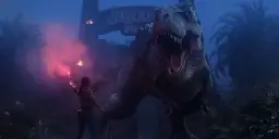 Kobieta z flarą próbuje przechytrzyć T-Rexa przed bramą Jurassic Park. To prawdziwy jurassic park survival!