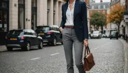 Elegancka stylizacja: granatowa marynarka, biała koszula i brązowa torebka to idealne dopełnienie tego, co pasuje do szarych spodni damskich.