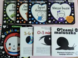 Książeczki kontrastowe dla niemowlaka: "Świat wokół", "Zwierzęta i gwiazdy", "Świat dzidziusia", "Nasze buzie", "Cześć, maluszku", "3-6 miesięcy", "0-3 miesięcy", "Oczami maluszka".