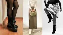 Trzy stylizacje z botkami: czarne, białe i z błyszczącą spódnicą.