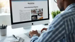 Mężczyzna pisze na klawiaturze, przeglądając artykuł o marketingu online. Zastanawia się, gdzie prowadzić bloga, by dotrzeć do szerszej publiczności.