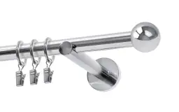 Elegancki karnisz metalowy pojedynczy z kulistą końcówką i czterema klipsami do zasłon.