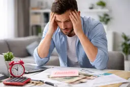 Zmartwiony mężczyzna z rękami na skroniach, przed nim dokumenty i karteczka "ZALEGŁOŚCI". Problem z niezapłaceniem składki ubezpieczeniowej w terminie.