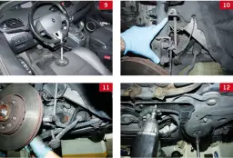 Wnętrze Renault Scenic, ręka w rękawiczce wskazująca amortyzator, hamulec i podwozie samochodu.