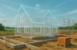 Projekt domu weselnego w budowie. Fundamenty, zbrojenie, rusztowania i paleta cegieł. Zastanawiasz się, ile kosztuje budowa domu weselnego?