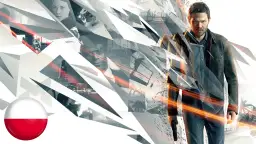 Jack Joyce z pistoletem, fragmenty miasta i postaci, flaga Polski. Quantum Break spolszczenie.