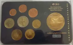 Zestaw monet euro z wizerunkami statków i postaci.