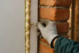 Ręka w rękawicy aplikuje piankę montażową między styropian a ceglaną ścianę. To pokazuje, czy można kleić styropian na piankę montażową.