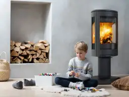 Chłopiec bawi się klockami przy nowoczesnym kominku bez zabudowy, obok stosu drewna.