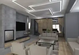 Nowoczesny salon z betonową ścianą, kominkiem i telewizorem. Geometryczne **ledy na suficie bez podwieszanego sufitu** tworzą unikalny klimat.