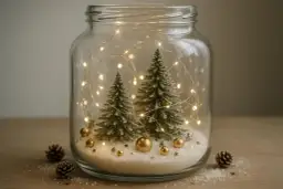 Świąteczna ozdoba w słoiku: miniaturowe choinki, złote bombki i lampki.