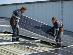 Dwóch mężczyzn w kombinezonach montuje panele fotowoltaiczne na dachu.