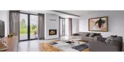 Nowoczesny salon z kominkiem i widokiem na ogród. Szary piryt magnat aranżacje tworzą przytulną atmosferę.