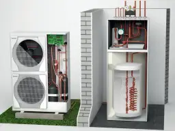 Schemat pompy ciepła. Zrozumienie, dlaczego pompa ciepła się wyłącza, wymaga analizy jej komponentów: jednostki zewnętrznej z wentylatorami i układem chłodniczym oraz jednostki wewnętrznej z zasobnikiem wody.