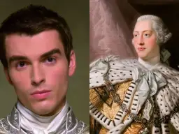 Portret króla Jerzego III, który chorował na chorobę psychiczną, obok aktora grającego tę postać w serialu "Bridgertonowie".