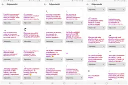 Widok ekranu telefonu z wieloma kartami pytań i odpowiedzi dotyczących segregacji śmieci.