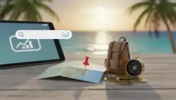 Tablet z wyszukiwarką, mapa, plecak, kompas i monety na tle plaży.