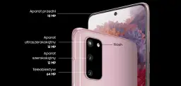 Różowy Samsung S20 z aparatem ultraszerokokątnym 12 MP, szerokokątnym 12 MP i teleobiektywem 64 MP.