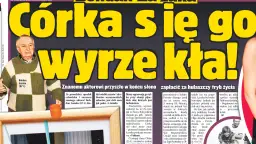 Bohdan Łazuka w swetrze w kratę, obok niego duży napis "Córka się go wyrzeźbiła!".