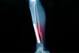 RTG pokazuje złamanie kości strzałkowej z zespoleniem płytą.