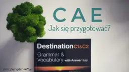 Zielona kępa mchu obok książki "Destination C1&C2 Grammar & Vocabulary" i napisu "CAE Jak się przygotować?". Idealne materiały do przygotowania do CAE.
