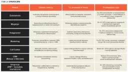 Tabela z modułami: Zamówienia, Magazyn, Księgowość, Marketing, Call Center, CRM, Integracje. Opisuje funkcje, poprawę w firmie i zyski, np. redukcję błędów w hurtowni danych.