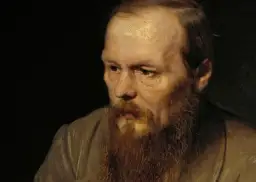 Portret mężczyzny z burą brodą, którego spojrzenie zdaje się odzwierciedlać objawy szaleństwa u protagonistów w powieściach psychologicznych Dostojevskiego.