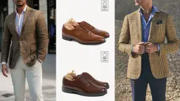 Mężczyzna w eleganckim brązowym garniturze i brązowe buty wizytowe.
