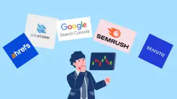 Biznesmen zastanawia się nad wyborem narzędzi SEO: Ahrefs, SEMrush, Senuto, SEMstorm i Google Search Console.