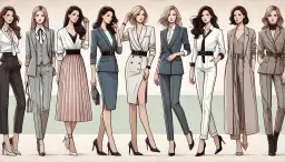 Kobiety prezentują elegancki styl biznesowy w różnych strojach: garnitury, spódnice i płaszcze.