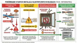 Infografika porównuje stare instalacje elektryczne z nowymi, pokazując, jak działa uziemienie. Stare instalacje z aluminium i brakiem uziemienia są niebezpieczne, grożą pożarem i porażeniem. Nowoczesne systemy z miedzią i uziemieniem zapewniają bezpiec...
