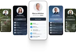 Wizytówki cyfrowe z danymi kontaktowymi, w tym opcją "Save Contact" i linkami do mediów społecznościowych, tworzą spersonalizowany vanity url.