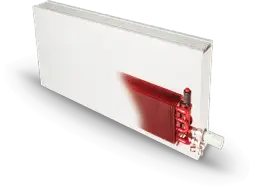 Przekrój grzejnika pokazuje, ile wody jest w grzejniku i jak ciepło jest rozprowadzane przez czerwone żeberka.