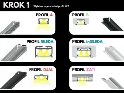Krok 1: Wybierz odpowiedni profil LED. Ilustracje pokazują różne profile aluminiowe, np. PROFIL A, B, SILEDA, inSILEDA, DUAL, ZATI, demonstrując, jak łączyć profile aluminiowe.