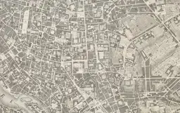 Stary plan zagospodarowania terenu z zaznaczonymi ulicami, placami i budynkami. Widać fragmenty Rzymu z epoki.