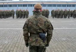 Żołnierz w mundurze moro i beretcie stoi na placu apelowym przed szeregiem innych żołnierzy.