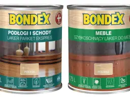 Dwa puszki lakieru Bondex: jeden do podłóg i schodów (lakier parkiet ekspres), drugi do mebli (szybkoschnący).