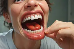 Zbliżenie na otwarte usta z językiem i zębami, palec wskazujący dotyka policzka.