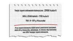Na redukcji przy 2500 kcal, 30% tłuszczu to ok. 83g.